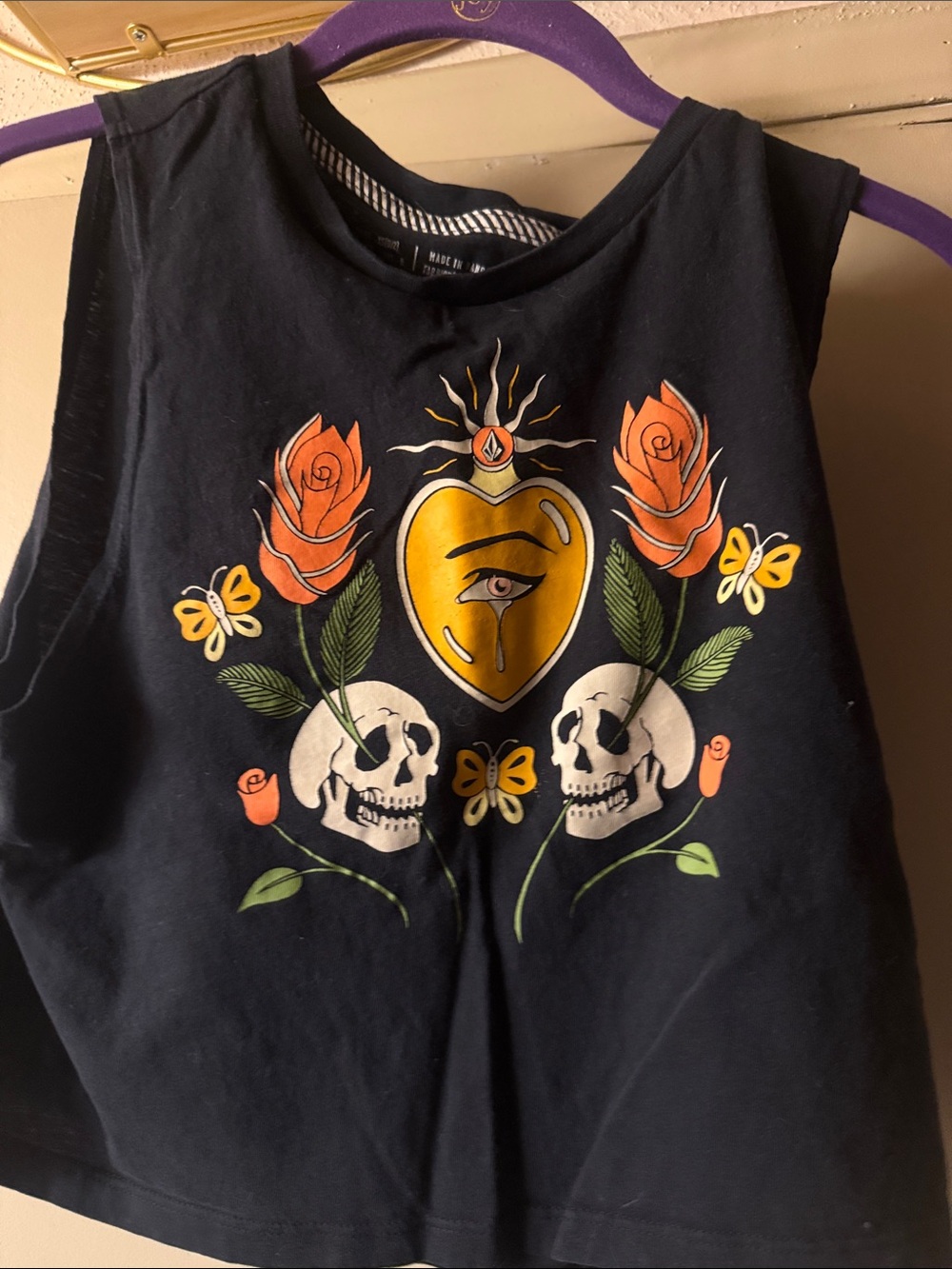Volcom Black Graphic Crop Tank with Gold Heart, Orange Roses & White Skulls
